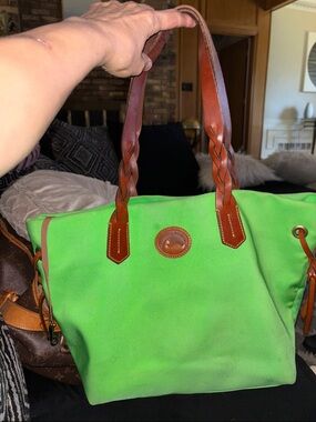 Dooney & Bourke Lime Green Canvas Tote with Brown Leather Trim